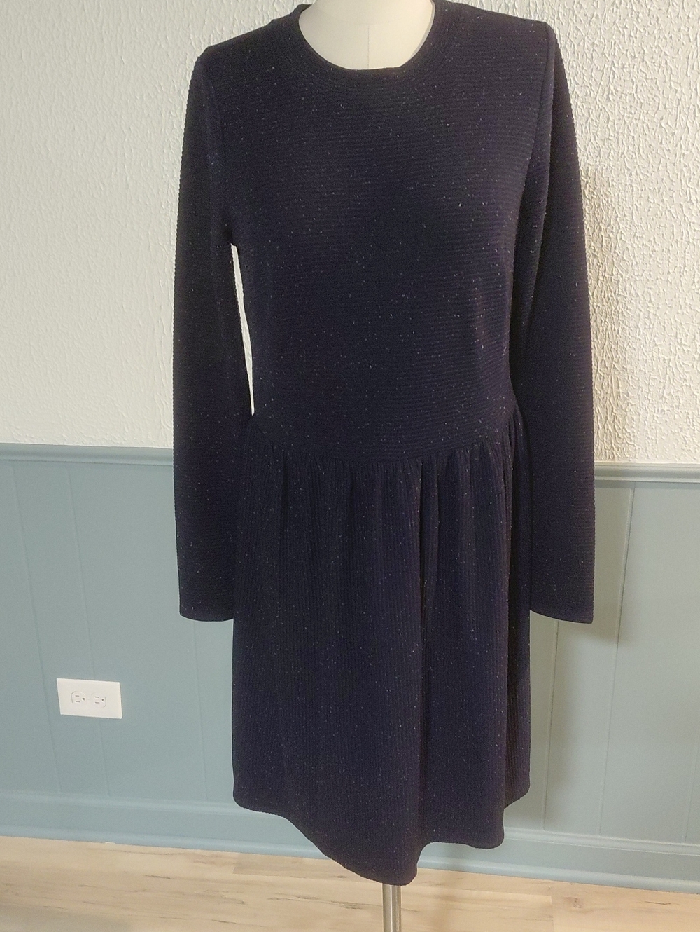 LOFT Navy Long-Sleeve Gathered Waist Dress